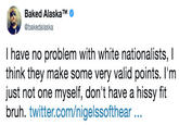 Baked Alaska @bakedalaska I have no problem with white nationalists, I think they make some very valid points. l'm just not one myself, don't have a hissy fit bruh. twitter.com/nigelssofthear