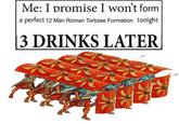 Me: I promise I won't form a perfect 12 Man Roman Tortoise Formation tonight 3 DRINKS LATER
