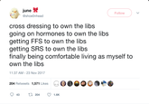 , June Follow @shoeOnhead cross dressing to own the libs going on hormones to own the libs getting FFS to own the libs getting SRS to own the libs finally being comfortable living as myself to own the libs 11:37 AM-23 Nov 2017 204 Retweets 1,571 Likes 43 2 04 1.6K