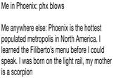 Me in Phoenix: phx blows Me anywhere else: Phoenix is the hottest populated metropolis in North America. I learned the Filiberto's menu before l could speak. I was born on the light rail, my mother is a scorpion