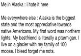 Me in Alaska : i hate it here Me everywhere else Alaska is the biggest state and the most appreciative towards native Americans. My first word was northern lights. My bestfriend is literally a ptarmigan. I live on a glacier with my family of 100 moose. I bleed forget me nots.
