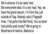 Me in arizona: it's so nasty here Me everywhere else: it's a dry heat. Yea, we have the grand canyon. I'm from like, just outside of Flag. Nobody calls it Flagstaff Imao. Y'all gotta hike Bell Rock. You've never had prickly pear candy? We're going to Bookmans & Harkins. Sedona is