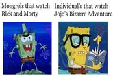 Mongrels that watch Rick and Morty Individual's that watch Jojo's Bizarre Advanture