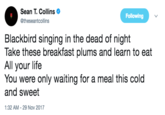 Sean T. Collins @theseantcollins Following Blackbird singing in the dead of night Take these breakfast plums and learn to eat All your life You were only waiting for a meal this cold and sweet 1:32 AM-29 Nov 2017