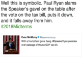 Well this is symbolic. Paul Ryan slams the Speaker's gavel on the table after the vote on the tax bill, puts it down, and it falls away from him #201 8Midterms Evan McMurry@evanmcmurry With a triumphant gavel bang, @SpeakerRyan presides over passage of House GOP tax bill. GIF