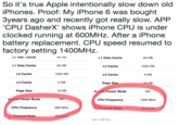 So it's true Apple intentionally slow down old iPhones. Proof: My iPhone 6 was bought 3years ago and recently got really slow. APP 'CPU DasherX' shows iPhone CPU is under clocked running at 600MHz. After a iPhone battery replacement. CPU speed resumed to  So it's true Apple intentionally slow down old iPhones. Proof: My iPhone 6 was bought 3years ago and recently got really slow. APP CPU DasherX' shows iPhone CPU is under clocked running at 600MHz. After a iPhone battery replacement. CPU speed resumed to factory setting 1400MHz L1 Inst.じacne 64 Kb L1 Data Cache 64 KB L1 Data Cache 64 KB L2 Cache 1024 KB L2 Cache 1024 KB L3 Cache 0 KB L3 Cache 0 KB Page Size 16 KB Page Size 16 KB In Low Power Mode NO In Low Power Mode NO CPU Frequency 1400 MHz CPU Frequency 600 MHz hermal State Nomina hermal State Nominal GPU (METAL)