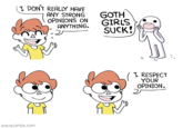 I DONT REALY HAVE ANY STRONG GOTH OPINIONS ON GIRLS T RESPECT YOUR OPINION. SHENCOMIx.com