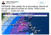 You Said It Blaine Blaine Stewart Follow BlaineStewart UPDATE: Get ready for a pounding. Some of us could see 8 inches or more. That's too much even for me. RST WARNING WEATHER SNOW FORECAST WEDNESDAY THURSDAY EXMORE WILLIAMSBURG HAMPTON 21-4 6"-8" FRANKN Len VIRGINIA BEACH 4"-6" ELIZABETH CITY AHOSKIE KITTY NTON AGS EAD
