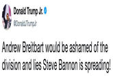 Donald Trump Jr. * @DonaldJTrumpJr Andrew Breitbart would be ashamed of the division and lies Steve Bannon is spreading!
