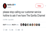 Netflix US @netflix Follow please stop calling our customer service hotline to ask if we have The Gorilla Channel 5:15 PM-5 Jan 2018 63,671 Retweets 245,274 Likes 64K