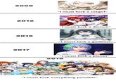2009 "I must f--- a catgirl" 2012 "I must f--- a demon' 左- 2015 "I must f--- a goddess" 2017 "I must f--- a planet" 2018 "I must f--- everything possible"