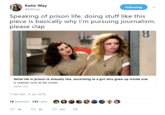 Katie Way @k80way Following Speaking of prison life, doing stuff like this piece is basically why I'm pursuing journalism, please clap wnat ie in prison is ing to a gin whe grew up inside one A realistic look at life inside babe.net 1:40 AM-8 Jan 2018 18 Retweets 133 Likes Jenji Kohan Samira Wiley Litchfield Lorna Muccio text