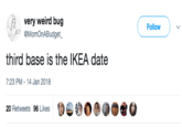 very weird bug ◇A, @MomOnABudget- Follow third base is the IKEA date 7:23 PM -14 Jan 2018 紗0 0 ● O @ U 20 Retweets 96 Likes