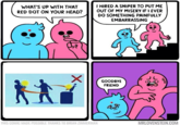 I HIRED A SNIPER TO PUT ME WHAT'S UP WITH THAT RED DOT ON YOUR HEAD? OUT OF MY MISERY IFI EVER DO SOMETHING PAINFULLY EMBARRASSING 丿し GOODBYE FRIEND THIS COMIC MADE POSSIBLE THANKS TO BRIAN ZIMMERMAN MRLOVENSTEIN.COM