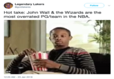 Legendary Lakers @goldlakerss Follow ) Hot take: John Wall & the Wizards are the most overrated PG/team in the NBA. GIF 12:25 AM-23 Jan 2018