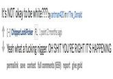 It's NOT okay to be white??? by antman420 inr/The_Donald ↑ [-]ChipperlockPicker FL 1 point 2 months ago " Yeah what a f------ n-----. OH S--- YOU'RE RIGHT IT'S HAPPENING permalink save context full comments (659) report give gold