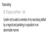 Opinion on racemixing Fascinating ChipperLockPicker 43d I prefer not to watch a member of my race being defiled by a negroid and partaking in copulation in an abominable manner.
