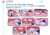 crumbum @beebooties ( Follow This is my first year doing #hourlycomicday2018 and im already behind. darn!!! PEPPERONI A LIL SHAKS っ 6Am STEVE TRIES TO LEAVE foR WoRK WEH JGRy Smoocy WEH