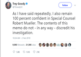 Trey Gowdy @TGowdysc Follow As I have said repeatedly, I also remain 100 percent confident in Special Counsel Robert Mueller. The contents of this memo do not - in any way - discredit his investigation. 10:34 AM -2 Feb 2018 9.00 9,093 Retweets 21,395 Likes 5.0K 9.1K 21K