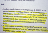IIolelleu to, elash the plane with no survivors." Detail 1. According to Source F, a former RUSSIAN intelligence agent, the KREMLIN has in its possession several videos of TRUMP and what appear to be 2 African America PROSTITUTES, 1 of whom is TRANSEXUAL. The videos allegedly show that TRUMP hired these prostitut to perform a sexual role-playing scenario in which the TRANSEXUAL prostitute would play FLOTUS Michelle OBAMA and the other prostitute would play POTUS Barack OBAMA. male es on several occasions between April of 2011 and November of 2013 2. The scenario would play out the same way every time. TRUMP would sodomize 'Michelle, who would remark to TRUMP, "you're a big guy!" at which point "Barack," who would be sitting in a chair watching, would say, "for you."