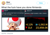 Nibel @Nibellion Follow ) 、/ What the f--- have you done Nintendo Polygon . CNBC Now Folgen olgen Nintendo confirms that Toad is not wearingREAKING: DOW PLUNGES 1500+ POINTS hat. That's his head. nb.cx/2s9BVYD polygon.com/2018/2/5/16974 -6.12% ▼DJI "-1,56290 23,958.06 NYSE 903-5Feb 2018 S. Felb. 2018 4:22 PM-5 Feb 2018