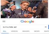 Superbowl 52 meme of the Selfie kid googling something while standing next to a singing Justin Timberlake, captioned that he is just checking that it is not another Tide Ad.