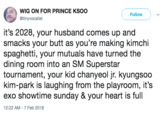 WIG ON FOR PRINCE KSOO @tinyvocalist Follow it's 2028, your husband comes up and smacks your butt as you're making kimchi spaghetti, your mutuals have turned the dining room into an SM Superstar tournament, your kid chanyeol jr. kyungsoo kim-park is laughing from the playroom, it's exo showtime sunday & your heart is full 12:22 AM-7 Feb 2018