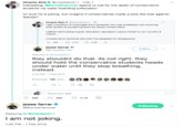 Charlie Kirke. @charliekirk11-Feb 7 Interesting, BronzeHammer seems to call for the death of conservative students via water boarding suffocation Im sure he is joking, but imagine if conservatives made a joke like that against liberals? Charlie Kirk @charliekirk1 1 ·3h get countless of messages from students who say professors are lowering their grades & penali zing them for being conservative Leftists dominating higher education represent a grave threat to our country & culture Conservative students shouldn't be targeted for disagreeing jesse farrar Follow 蜃@BrorzeHammer Replying to @charliekirk 11 they shouldnt do that. its not right. they should hold the conservative students heads under water until they stop breathing, instead 5:03 PM-7 Feb 2018 106 Likes Tweet your reply jesse farrar Following Replying to @charliekirk11 I am not joking 7:22 PM-7 Feb 2018