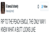 lil lawsuit shawty @sexualjumanji Follow RIP TO THE PEACH EMOJI, THE ONLY WAY I KNEW WHAT A BUTT LOOKS LIKE