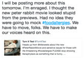 I will be posting more about this tomorrow. I'm enraged. I thought the new peter rabbit movie looked stupid from the previews. Had no idea they were going to mock #foodallergies. We have to move, folks. We have to make our voices heard on this. Turn It Teal @TurnltTeal Heads up from @kfatweets about the nevw #PeterRabbitMovie and sensitive issues for those with life-threatening #foodallergies PLEASE stop showing #anaphylaxis as something that is funny