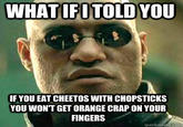 WHATIFI TOLD YOU IF YOU EAT CHEETOS WITH CHOPSTICKS YOU WONT GET ORANGE CRAP ON YOUR FINGERS quickmeine.co