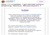 Luxe Zoie @zoieburgher Follow ) Wow, I'm a badass. I got banned without streaming. Glorious. #BrokenSystem ? CWItchh Your account at www.twitch.tv/zoieburgher was the subject of a Terms of Service suspension for violating the following category: P--- or Other Sexually Explicit Content. As a result, we have given your account an indefinite suspension from using the site. For more information, including how to appeal, please read this support article. NOTE: If you appeal and we find the suspension to be valid, we reserve the right to preserve this indefinite suspension. For reference, please read: