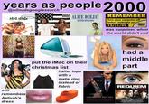 years as people 2000 @oilnudegooglesearch REMEMBER Turn your computer off before midnight onO 12/31/99 was surprised when the world didn't end PAPA RDACH ALICE DEEJAY T O BETTER OFF ALONE 14:1 had a middle part put the iMac on their christmas list halter tops with a metal ring instead of fabric REQLUIEM still remembers Aaliyah's dress AMERICAN PSYCHO