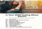 0 Is Your Child Texting About Doom What your demon slaying teen's texts actually mean brb. big red baron Imao launching missiles against onslaught jfc juked four cacos btw berserk the wicked asl -awesome, soulsphere located ttn teleport trap, fighting now hth hunt the hellspawn wyd - where's yellow door? omw old megawad tmiten mancubui intruding xoxo [ascii art of caco eyeball squinting in pain]
