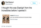 Fine Chynna t @chynnahayes3 Follow I thought this was Elastigirl from the Incredibles before I opened it marisol @milanoysl yea i just combined vertical and horizontal stripes Show this thread 2:27 AM-25 Feb 2018