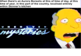 When there's an aurora borealis at this time of day at this time of year in this part of the country localised entirely within Skinner's kitchen When there's an Aurora Borealis at this of time of day, at this time of year, in this part of the country, localised entirely within Skinner's kitchen