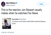 Mark Medina @MarkG_Medina Follow This is the reaction Jon Stewart usually makes when he watches Fox NeWs Drew Shiller @DrewShiller Jon Stewart cannot believe JaVale McGee made that fadeaway jumper 0:10 10:05 PM-26 Feb 2018