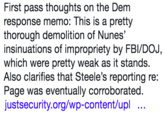 First pass thoughts on the Dem response memo: This is a pretty thorough demolition of Nunes' insinuations of impropriety by FBI/DOJ, which were pretty weak as it stands. Also clarifies that Steele's reporting re: Page was eventually corroborated. justsecurity.org/wp-content/upl