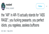 NICE MOUSE mustard @nice_mustard Follow the "AR" in AR-15 actually stands for "ASS RAGE", you f------ peasants. you perfect idiots. you rageless, assless buffoons 9:51 AM-1 Mar 2018