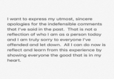 I want to express my utmost, sincere apologies for the indefensible comments that I've said in the past. That is not a reflection of who I am as a person today and I am truly sorry to everyone l've offended and let down. All I can do now is reflect and learn from this experience by showing everyone the good that is in my heart.
