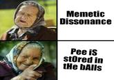 2-panel meme of Babushka disliking the convoluted concept of "memetic":/memes/cultures/memetics dissonance, but she totally gets the whole ""pee is stored in the balls"":/memes/pee-is-stored-in-the-balls thing even though she knows it is not true.