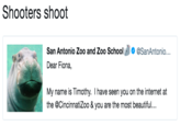 Shooters shoot San Antonio Zoo and Zoo School Φ @SanAntonio..· Dear Fiona, My name is Timothy. I have seen you on the internet at the @Cincinnatizoo &you are the most beautiful...