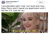 Gabe Gonzalez @gaybone:z Follow I accidentally said "wig" out loud and now Katy Perry won't leave my apartment until tell her it's "just for us." Excuse me. Hi GIF
