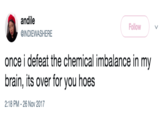 andile @INDIEWASHERE Follow once i defeat the chemical imbalance in my brain, its over for you hoes 2:18 PM -26 Nov 2017