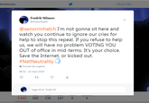 Meddelanden Sök på Twitter Fredrik Nilsson @AsylusGoji91 @senorrinhatch I'm not gonna sit here and watch you continue to ignore our cries for help to stop this repeal. If you refuse to help us, we will have no problem VOTING YOU OUT of office in mid-terms. It's your choice. Save the Internet, or kicked out. #NetNeutrality: 14 Oversatt fran engelska 08:32 - 16 mars 2018 tl. Lägg till en Tweet till 2 043 260 238 187 0 0