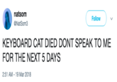 natsom @NatSom3 Follow KEYBOARD CAT DIED DONT SPEAK TO ME FOR THE NEXT 5 DAYS 2:51 AM-19 Mar 2018