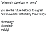 *extremely steve bannon voice*  you see the future belongs to a great new movement defined by three things:  phrenology blockchain waluigi extremely steve bannon voice you see the future belongs to a great new movement defined by three things: phrenology blockchairn waluigi