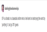 dashinglyhandsomeninja OP is a fanatic in a baseball uniform who is hell-bent on destroying the world by purifying" it, but go Off i guess