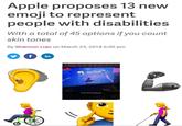 Apple proposes 13 new emoji to represent people with disabilities With a total of 45 options if you count skin tones By Shannon Liao on March 23, 2018 6:00 pm in First time playing.