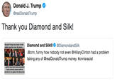 Thank you Diamond and Silk! Donald J. Trump @realDonaldTrump Thank you Diamond and Silk! Di ws nd and Silk®@DiamondandSilk has been Donald Trump public eye for over 30 years... n the .@cnn, funny how nobody not even @HillaryClinton had a problem taking any of @realDonaldTrump money. #cnnisracist he was never once accused of being racist by anyone until he decided to run against the Demecrats